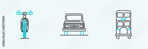 Set line Double decker bus, Bicycle and Car icon. Vector
