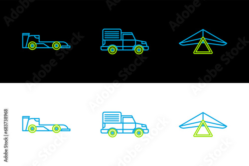 Set line Hang glider, Formula race car and Delivery cargo truck vehicle icon. Vector
