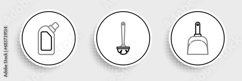 Set line Dustpan, Plastic bottles for liquid dishwashing liquid and Toilet brush icon. Vector