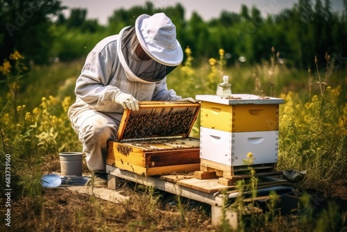 A man is engaged in beekeeping in a special suit on the site of his house.