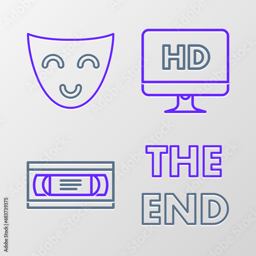 Set line The End handwritten inscription, VHS video cassette tape, Computer PC monitor with HD technology and Comedy theatrical mask icon. Vector