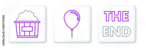 Set line The End handwritten inscription, Popcorn cardboard box and Balloon with ribbon icon. Vector