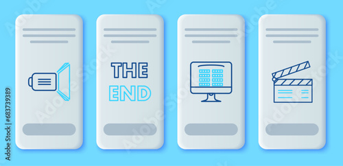 Set line The End handwritten inscription, Buy cinema ticket online, Movie spotlight and clapper icon. Vector