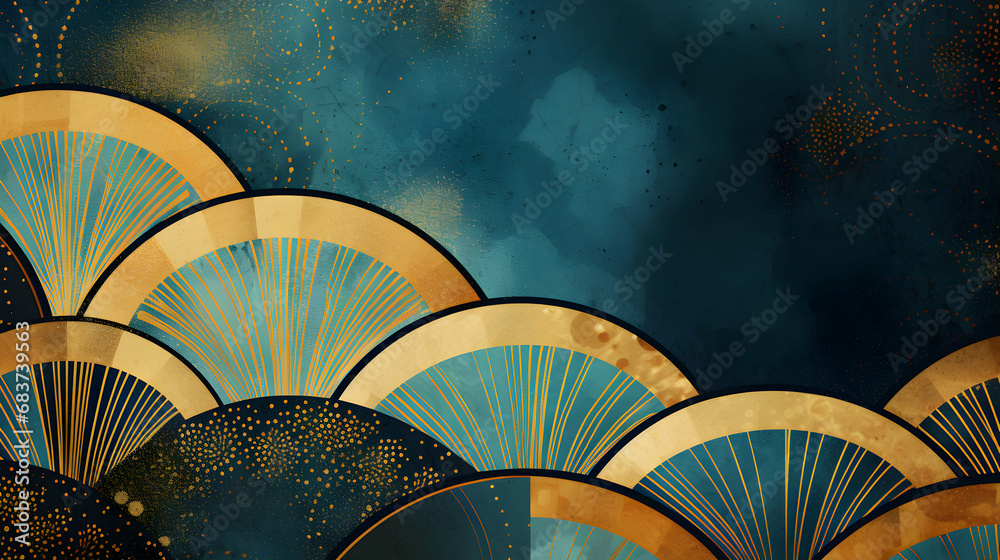 Retro geometric background. Gold and blue color texture wallpaper. Web digital header. Generative ai. Retro geometric background. Gold and blue color texture wallpaper. Web digital header. Generative ai.