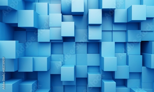 Neatly Aligned Multisized Cube Wall. Blue  Contemporary Tech Wallpaper. 3D Render  Generative AI