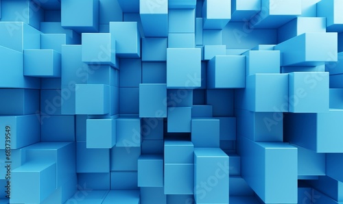 Neatly Aligned Multisized Cube Wall. Blue  Contemporary Tech Wallpaper. 3D Render  Generative AI