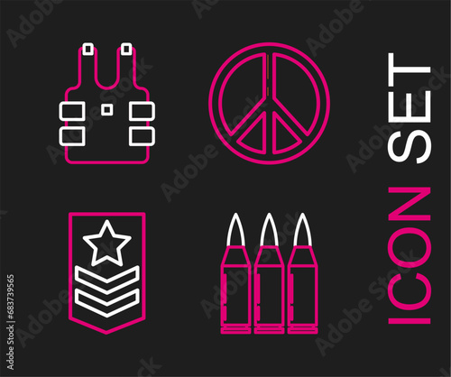 Set line Bullet  Chevron  Peace and Bulletproof vest for protection from bullets icon. Vector