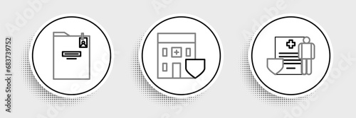Set line Medical clipboard with clinical record, Personal folder and hospital building shield icon. Vector