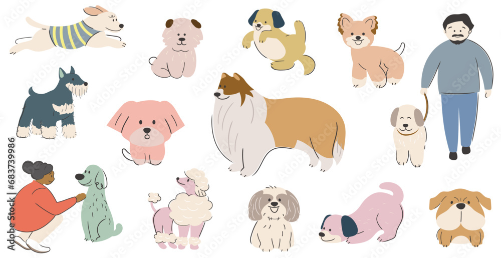 Obraz premium Cute Hand-Drawn Cartoonish Dogs Vector Illustration Set Isolated On A White Background. 