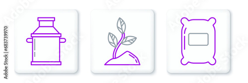 Set line Bag of flour, Can container for milk and Sprout icon. Vector