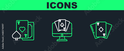 Set line Playing card with diamonds, heart and Online poker table game icon. Vector