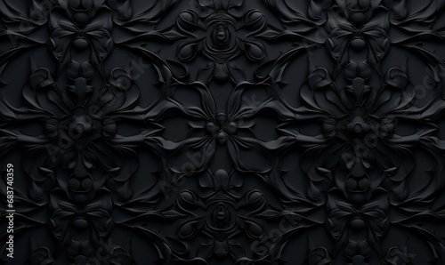 Intricate Dark Ornate Pattern Wallpaper. Black 3D Baroque Background, Generative AI