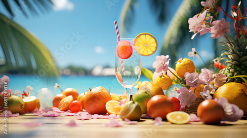 Tropical Summer Beverage Paradise, vibrant tropical cocktail basks in the sunlight, adorned with fruits and flowers, offering a slice of paradise by the sea