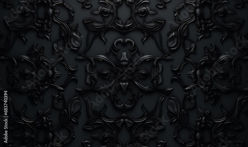 Intricate Dark Ornate Pattern Wallpaper. Black 3D Baroque Background, Generative AI photo