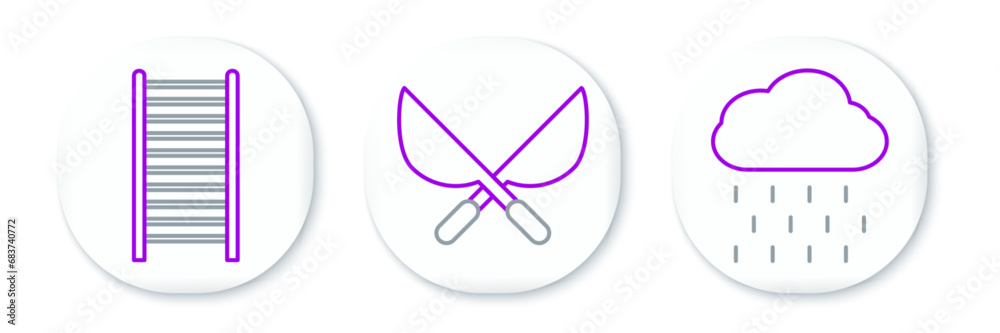 Set line Cloud with rain, Wooden staircase and Gardening handmade scissors icon. Vector Set line Cloud with rain, Wooden staircase and Gardening handmade scissors icon. Vector