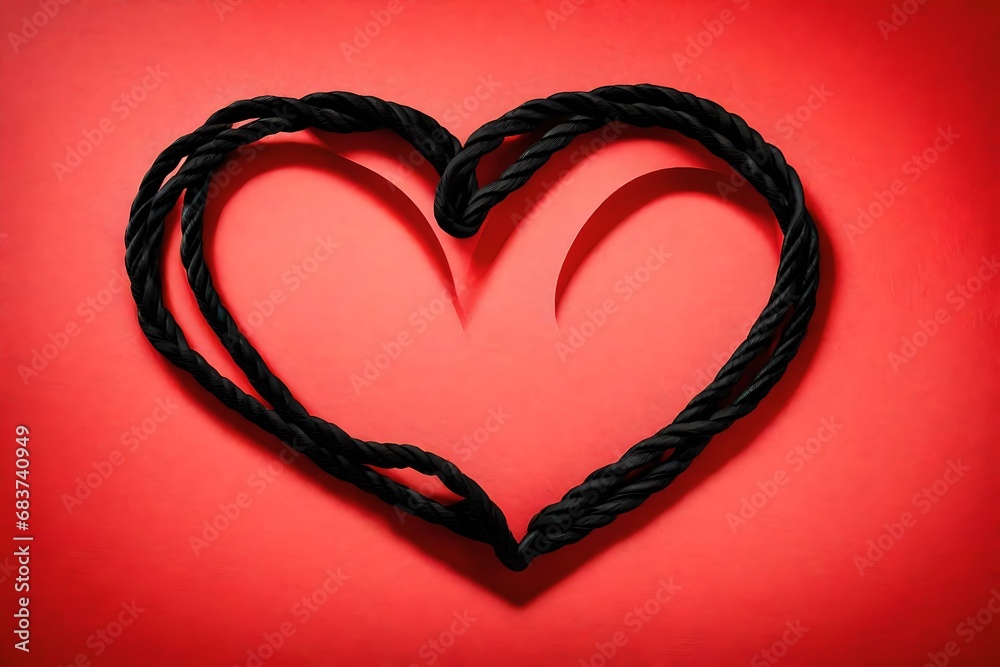 Creative concept composition, black rope in heart shape against red background. 