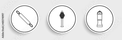 Set line Pepper, Rolling pin and Honey dipper stick icon. Vector