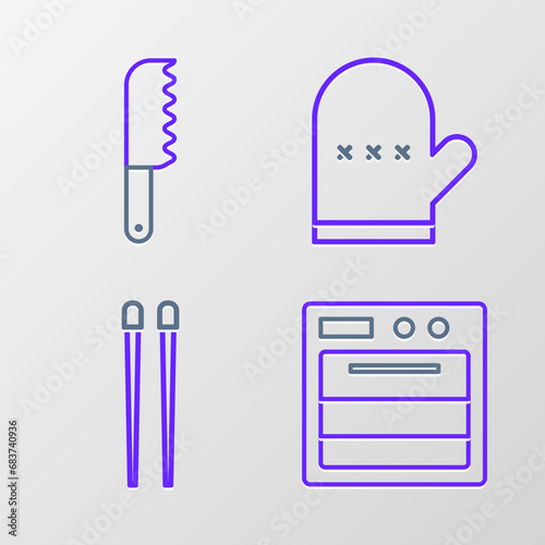 Set line Oven, Food chopsticks, glove and Bread knife icon. Vector
