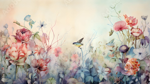 Watercolor wallpaper, floral seasonal background, generative ai