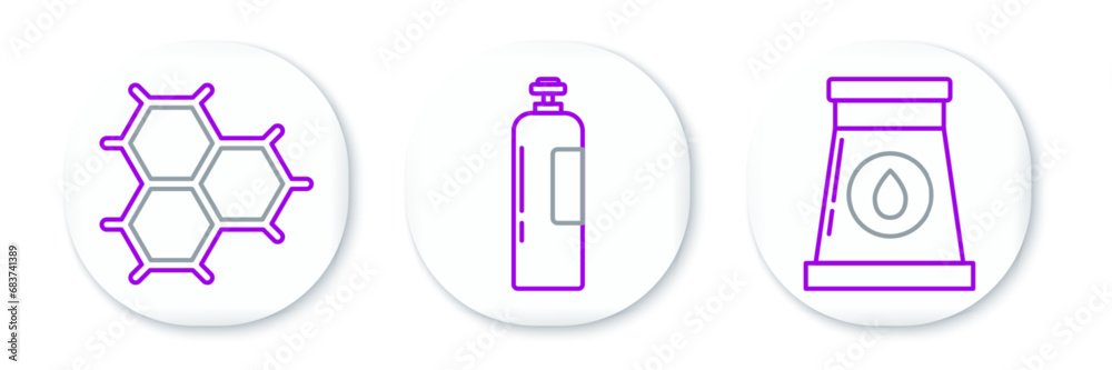 Set line Oil and gas industrial factory building, Chemical formula consisting of benzene rings and Industrial cylinder tank icon. Vector Set line Oil and gas industrial factory building, Chemical formula consisting of benzene rings and Industrial cylinder tank icon. Vector