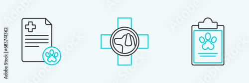 Set line Clipboard with medical clinical record pet, and Veterinary symbol icon. Vector