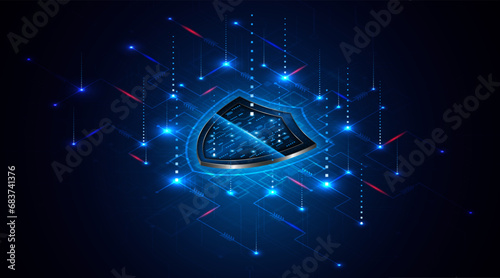 Abstract technology circuit board background with shield symbols concept of data protection and cyber privacy. modern security technology innovation concept background	