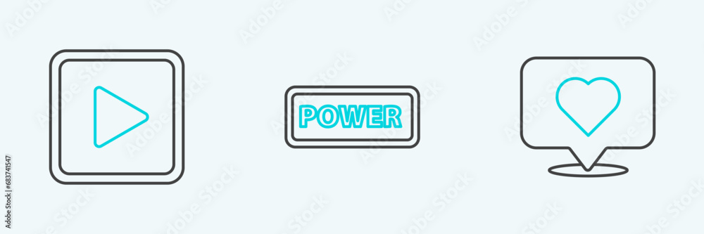 Set line Like and heart, Play in square and Power button icon. Vector Set line Like and heart, Play in square and Power button icon. Vector