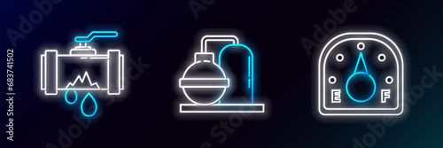 Set line Motor gas gauge, Broken metal pipe with leaking water and Oil and industrial factory building icon. Glowing neon. Vector
