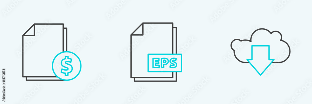 Obraz premium Set line Cloud download, Finance document and EPS file icon. Vector