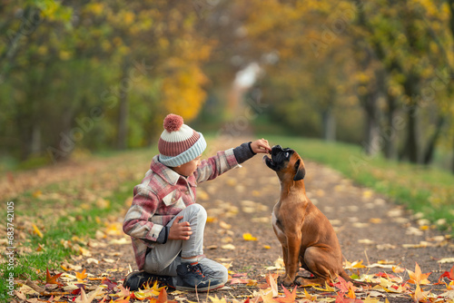 niedlicher kleiner Junge übt mit Hund im Park photo