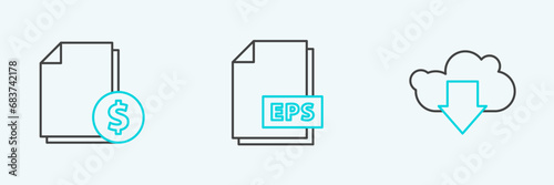 Set line Cloud download, Finance document and EPS file icon. Vector