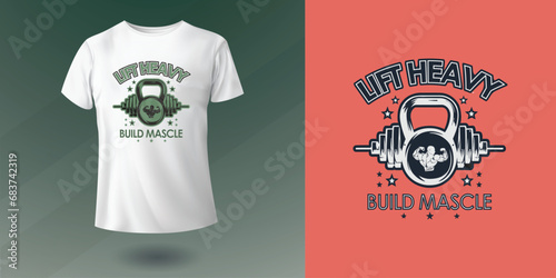Lift heavy build muscle, T-shirt design for gym of body builder, stylish and modern typography motivation quote for men, Dumbbell, Kettlebell and builder men apparel, illustration vector background