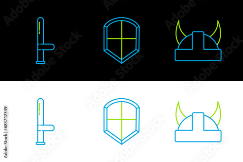 Set line Viking in horned helmet, Police rubber baton and Shield icon. Vector
