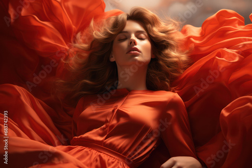 A beautiful girl in red against a backdrop of unfurling red fabric, generative AI