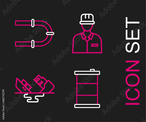 Set line Barrel oil, Wrecked tanker ship, Oilman and Industry pipe icon. Vector