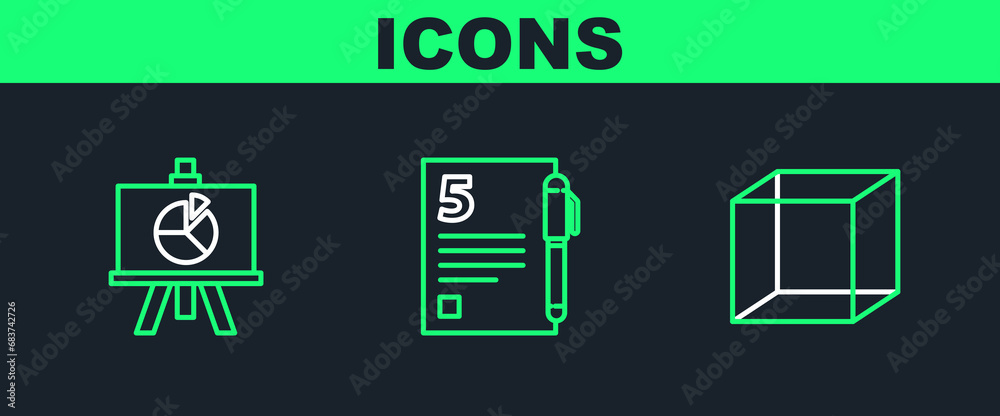 Set line Geometric figure Cube, Chalkboard with diagram and Test or exam sheet and pen icon. Vector