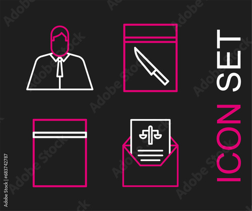 Set line Subpoena, Plastic bag with ziplock, Evidence and knife and Lawyer, attorney, jurist icon. Vector