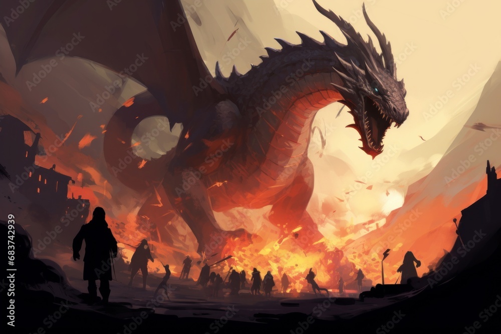 Digital illustration painting design style peoples against a huge dragon with destroyed town, Generative AI - obrazy, fototapety, plakaty 