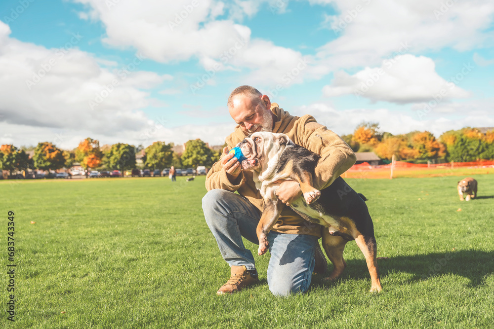Fototapeta premium An old man playing with his dog in the park