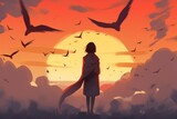 Digital illustration painting design style an angle standing among many birds, against sunset, Generative AI