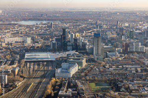 Aerial view city Rotterdam with residential area and railway station