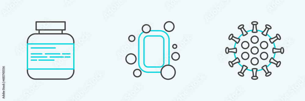 Set line Virus, Medicine bottle and pills and Bar of soap icon. Vector Set line Virus, Medicine bottle and pills and Bar of soap icon. Vector