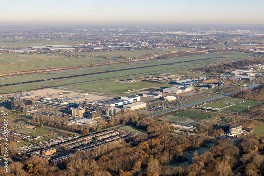 Aerial view airport Zestienhoven near Rotterdam, The Netherlands