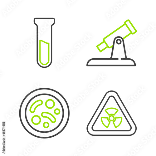 Set line Triangle with radiation, Bacteria, Telescope and Test tube and flask icon. Vector