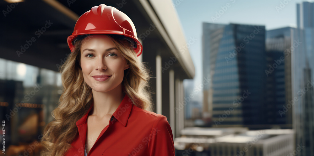A businesswoman in a red protective helmet at the completed construction site of a new office, Generative AI A businesswoman in a red protective helmet at the completed construction site of a new office, Generative AI