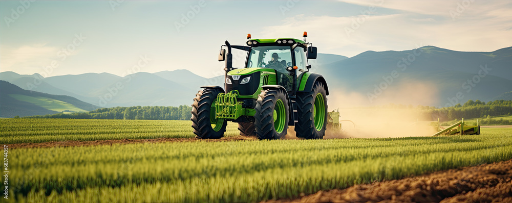 The tractor works the soil in the field with amazing background