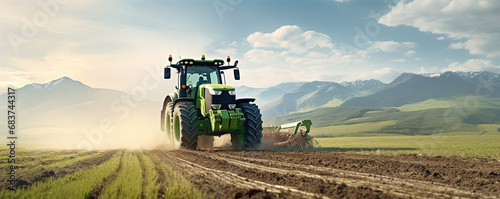 The tractor works the soil in the field with amazing background photo
