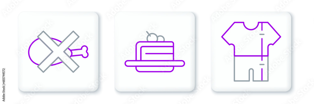 Set line Sport track suit, No meat and Cake icon. Vector Set line Sport track suit, No meat and Cake icon. Vector