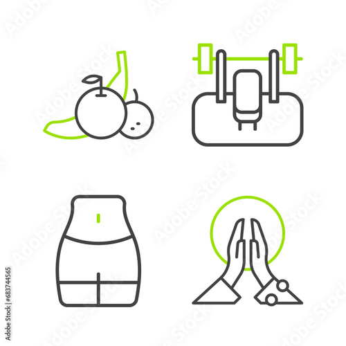 Set line Meditation, Women waist, Bench with barbel and Fruit icon. Vector