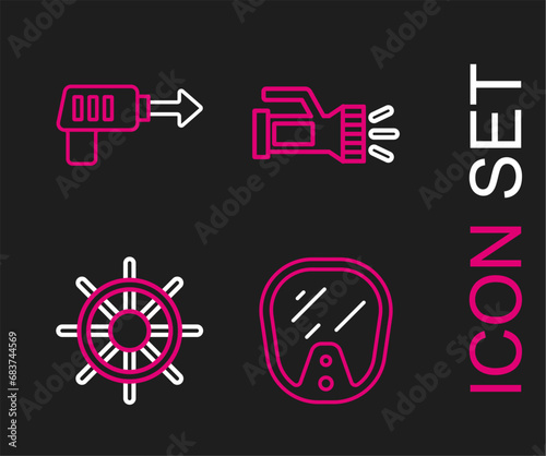 Set line Diving mask, Ship steering wheel, Flashlight and Fishing harpoon icon. Vector